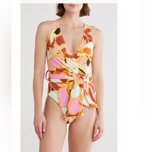 Hutch Louanne one piece swimsuit swim bathing suit orange pink red tie  small